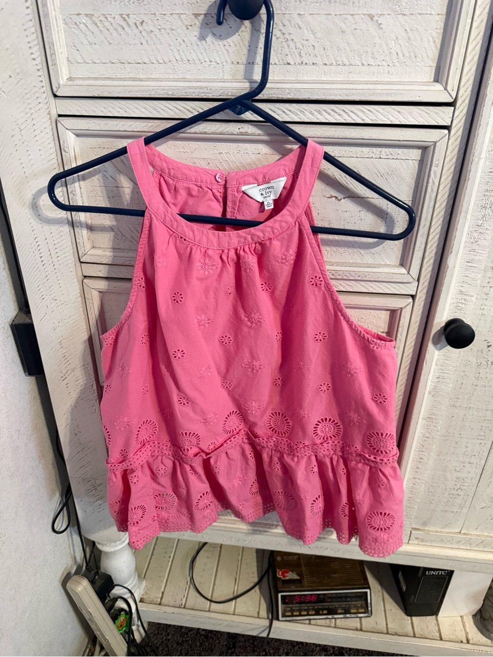 crown & ivy Pink Eyelet Ruffle Halter Tank Top
